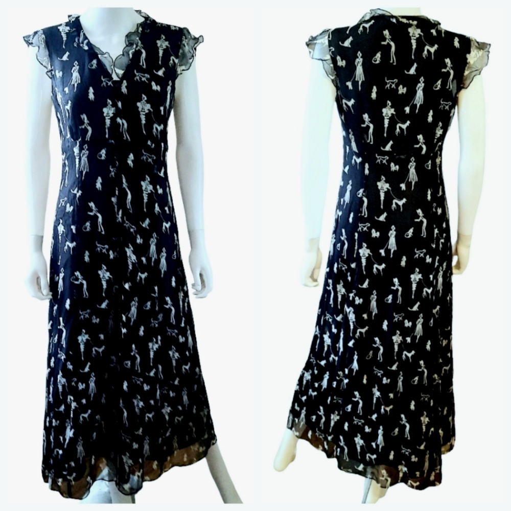 SPENSER JEREMY Silk Button Front Sleeveless Ruffle Trim Maxi Dress Sz 4 Blk/Wht